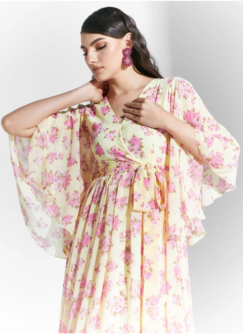 جولدن ابل V Neck  Floral Printed Dress