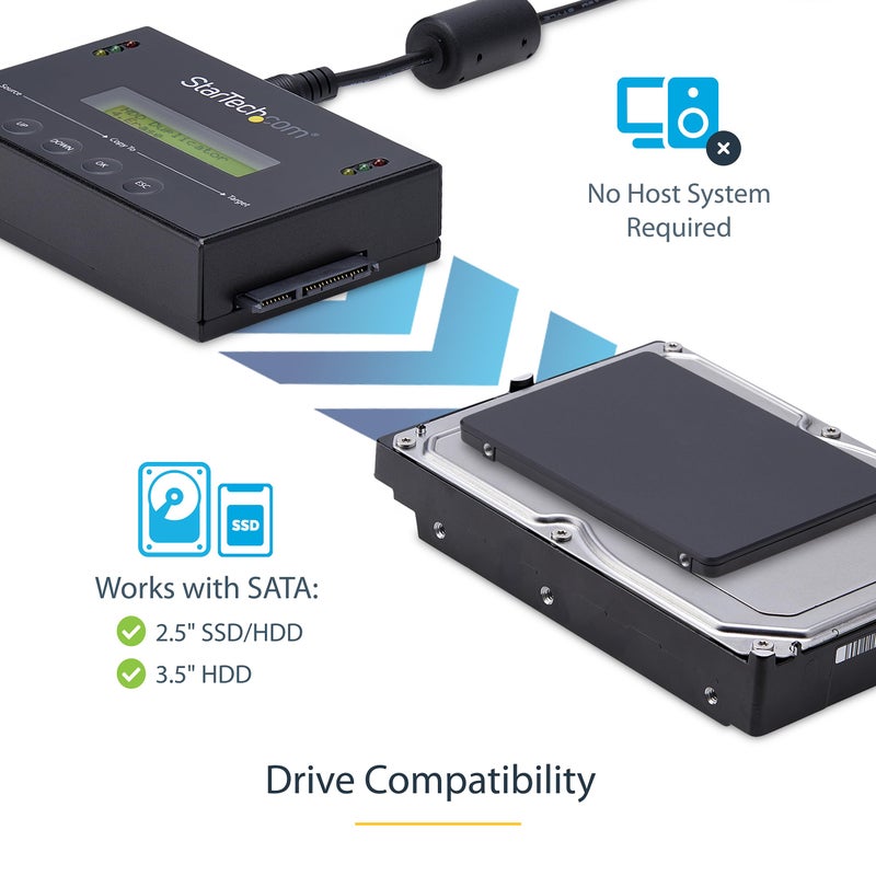 StarTech.com 1:1 Standalone Hard Drive Duplicator & Eraser, SATA HDD / SSD Disk Cloner / Copier / Wiper / Sanitizer, Cloning / Recovery Tool, LCD Display, TAA Compliant, OS Independent (SATDUP11) - Image 3