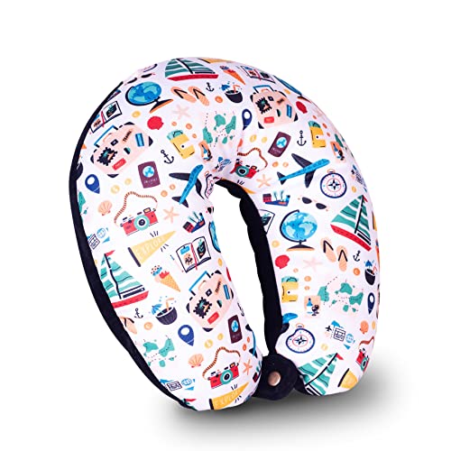 HOOPY Travel Neck Pillow in Soft Fabric for Head, Neck, Shoulder Support Filled with Soft Memory Foam Filling | Multi Purpose Neck Pillow| Neck Rest | Neck Pain | Transport Print - Image 1