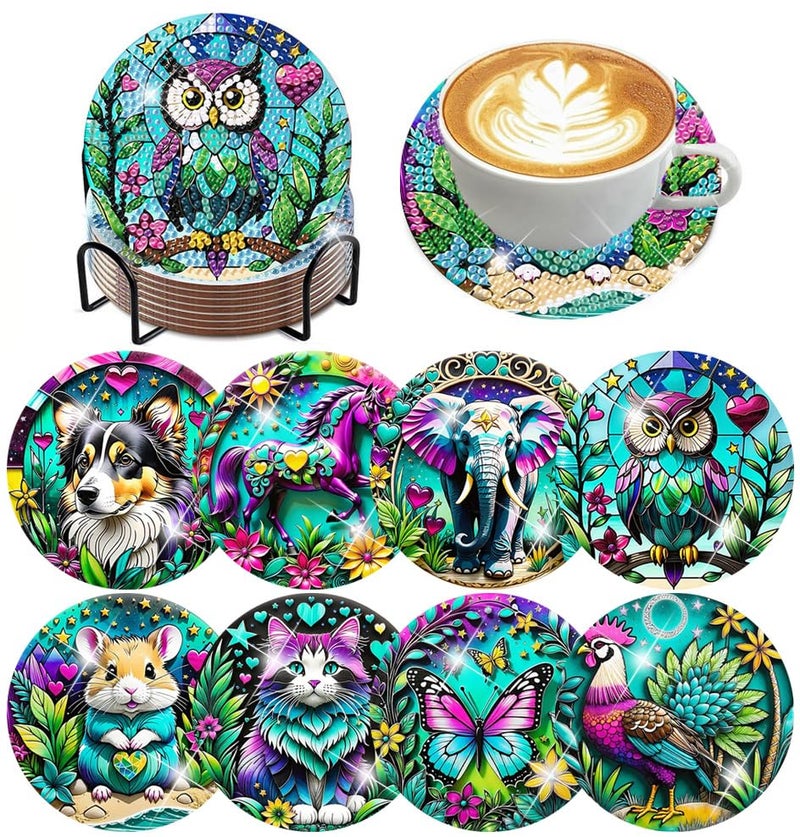 ijbnhd 8 PCS Animals Diamond Painting Coasters Animals Diamond Art Coasters with Holder DIY for Beginners Adults 5D Crafts Supplies 4X4inch(Cork Wooden Pad) - Image 1