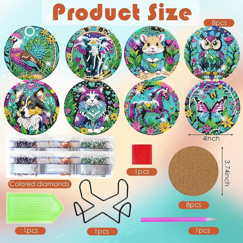 ijbnhd 8 PCS Animals Diamond Painting Coasters Animals Diamond Art Coasters with Holder DIY for Beginners Adults 5D Crafts Supplies 4X4inch(Cork Wooden Pad) - Image 3