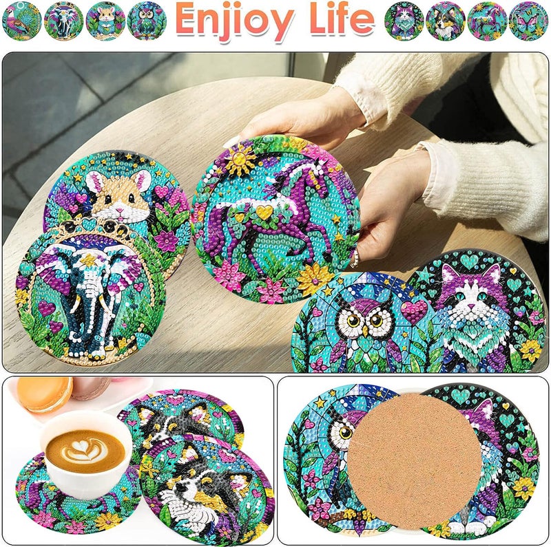 ijbnhd 8 PCS Animals Diamond Painting Coasters Animals Diamond Art Coasters with Holder DIY for Beginners Adults 5D Crafts Supplies 4X4inch(Cork Wooden Pad) - Image 2