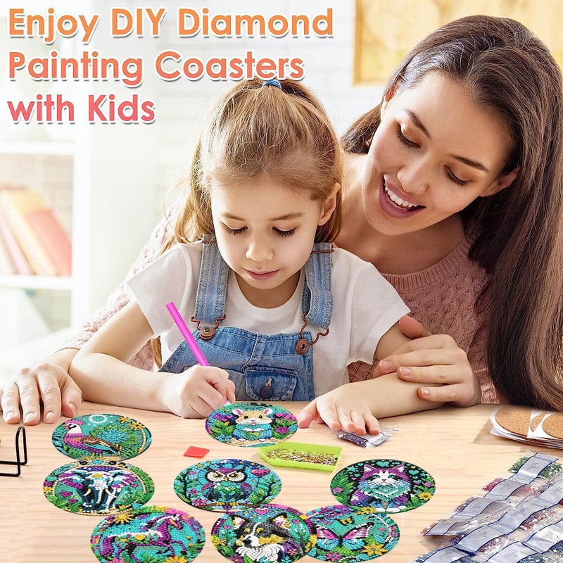 ijbnhd 8 PCS Animals Diamond Painting Coasters Animals Diamond Art Coasters with Holder DIY for Beginners Adults 5D Crafts Supplies 4X4inch(Cork Wooden Pad) - Image 4