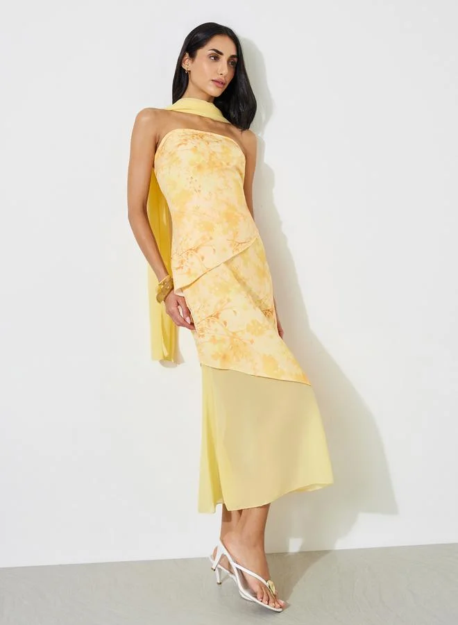 Styli Yellow Graphic Print A-Line Midi Dress with Scarf
