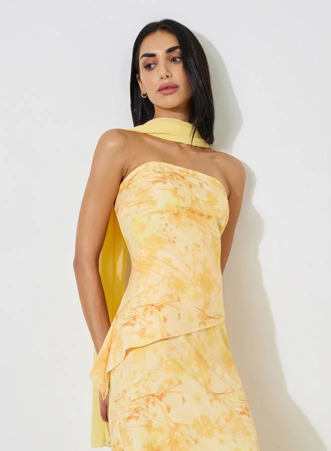 Styli Yellow Graphic Print A-Line Midi Dress with Scarf