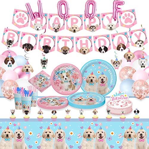 SKEPHWSKA 223Piece Dog Party Supplies Set Serves 20 Includes Plates Cups Napkins Utensils Balloons Banner Table Cover Multicolor Cartoon Animal Themed Dog Birthday Party Decorations - Image 1