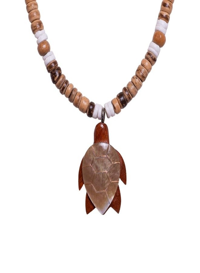 BlueRica Wood & Shell Sea Turtle on Tiger Brown Coconut Shell Beads Necklace - Image 1