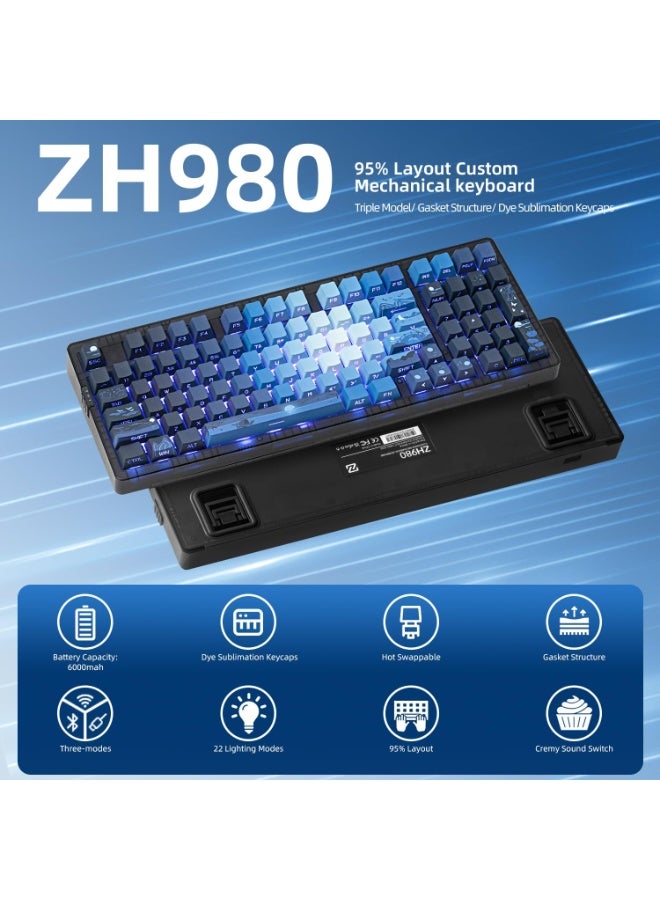 زورنر لوحة مفاتيح ميكانيكية لاسلكية ZORNHER ZH980، لوحة مفاتيح زرقاء كريمية 95% مع لوحة أرقام، لوحة مفاتيح مخصصة للألعاب قابلة للتبديل السريع، أغطية مفاتيح PBT لامعة بتقنية التسامي بالصبغ، مفاتيح خطية ذات صوت كريمي - Image 2
