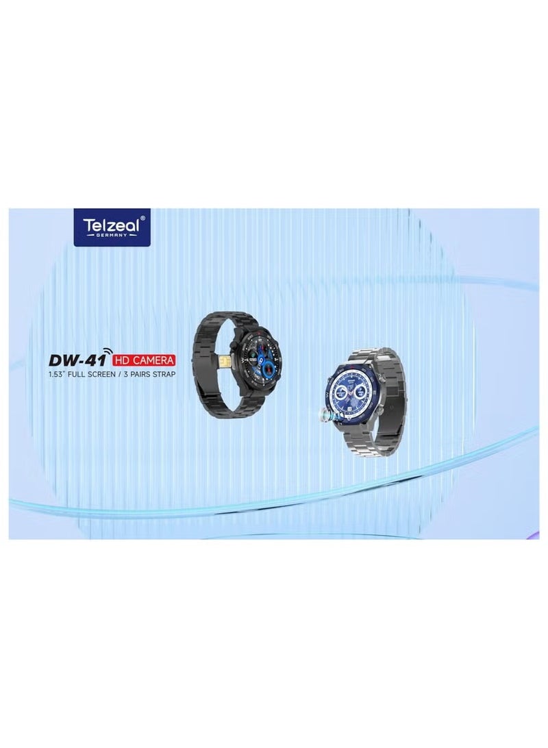 Telzeal DW-41 4G Smart Watch with 4GB RAM & 64GB Storage, 1.53 Inch Full Curved AMOLED Display, Front Camera, SIM Card Slot, Bluetooth Calling, Fitness & Sleep Tracker, GPS, 3 Interchangeable Straps – Stylish Smartwatch for Gents & Boys - Image 2