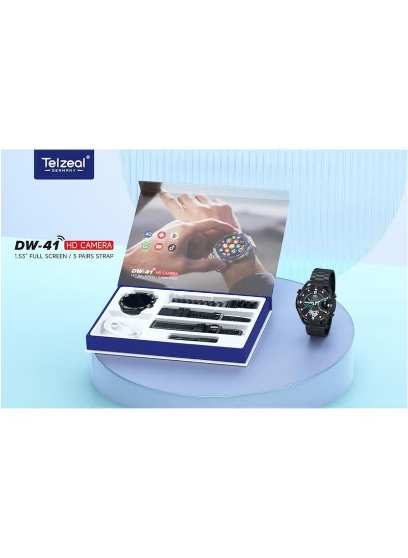Telzeal DW-41 4G Smart Watch with 4GB RAM & 64GB Storage, 1.53 Inch Full Curved AMOLED Display, Front Camera, SIM Card Slot, Bluetooth Calling, Fitness & Sleep Tracker, GPS, 3 Interchangeable Straps – Stylish Smartwatch for Gents & Boys - Image 3