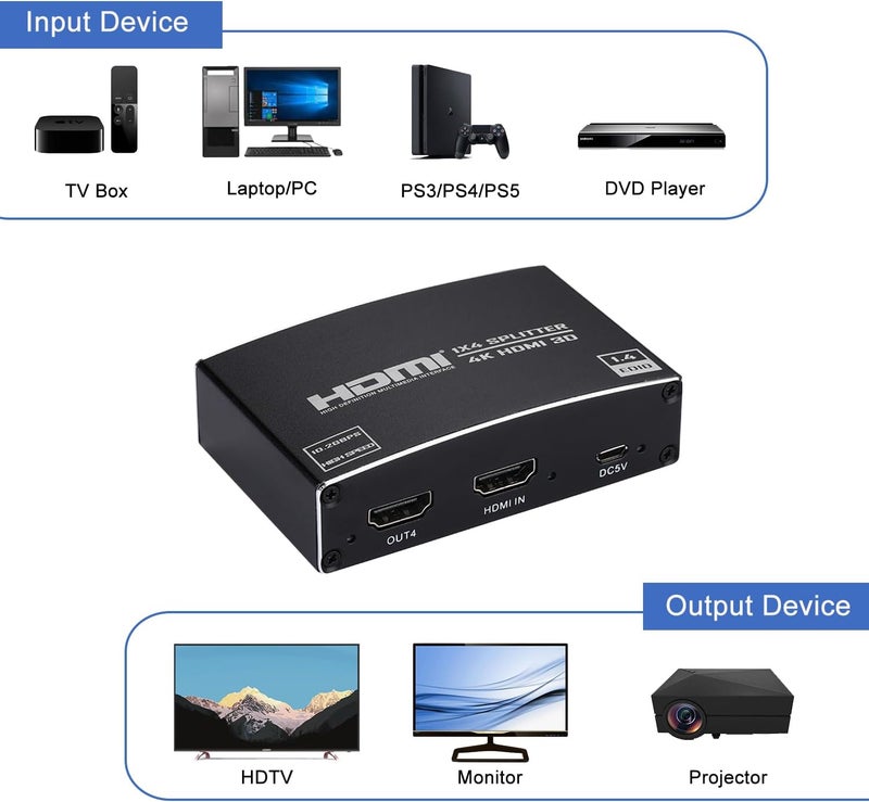 ENBUER HDMI Splitter 1 in 4 Out, 1x4 HDMI Splitter Audio Video Distributor Box Support 3D & 4K x 2K Compatible for HDTV, STB, DVD, PS3, Projector Etc - Image 3