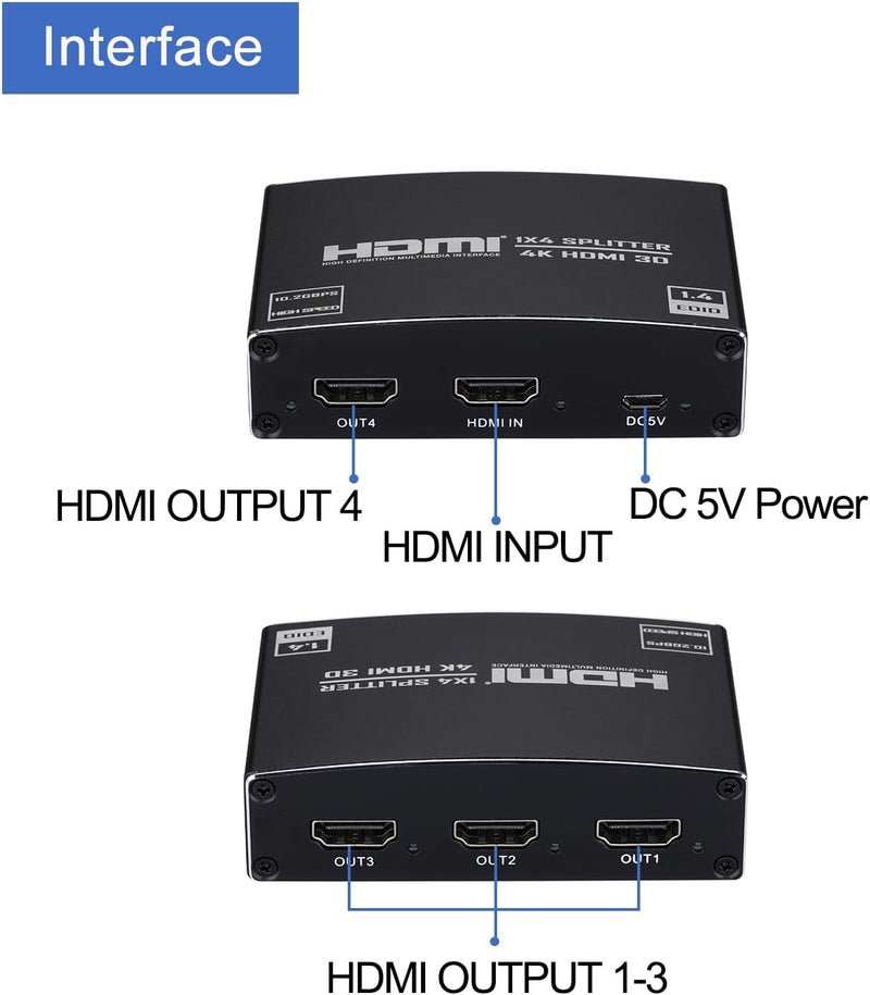 ENBUER HDMI Splitter 1 in 4 Out, 1x4 HDMI Splitter Audio Video Distributor Box Support 3D & 4K x 2K Compatible for HDTV, STB, DVD, PS3, Projector Etc - Image 5