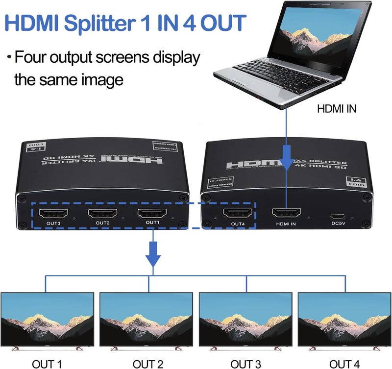 ENBUER HDMI Splitter 1 in 4 Out, 1x4 HDMI Splitter Audio Video Distributor Box Support 3D & 4K x 2K Compatible for HDTV, STB, DVD, PS3, Projector Etc - Image 2