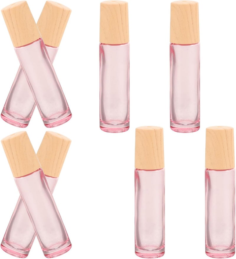 8pcs 10ml Pink Glass Essential Oil Roll on Bottles with Wood Grain Caps, Refillable Perfume and Aromatherapy Roller Bottles for Travel and Personal Care - Image 1