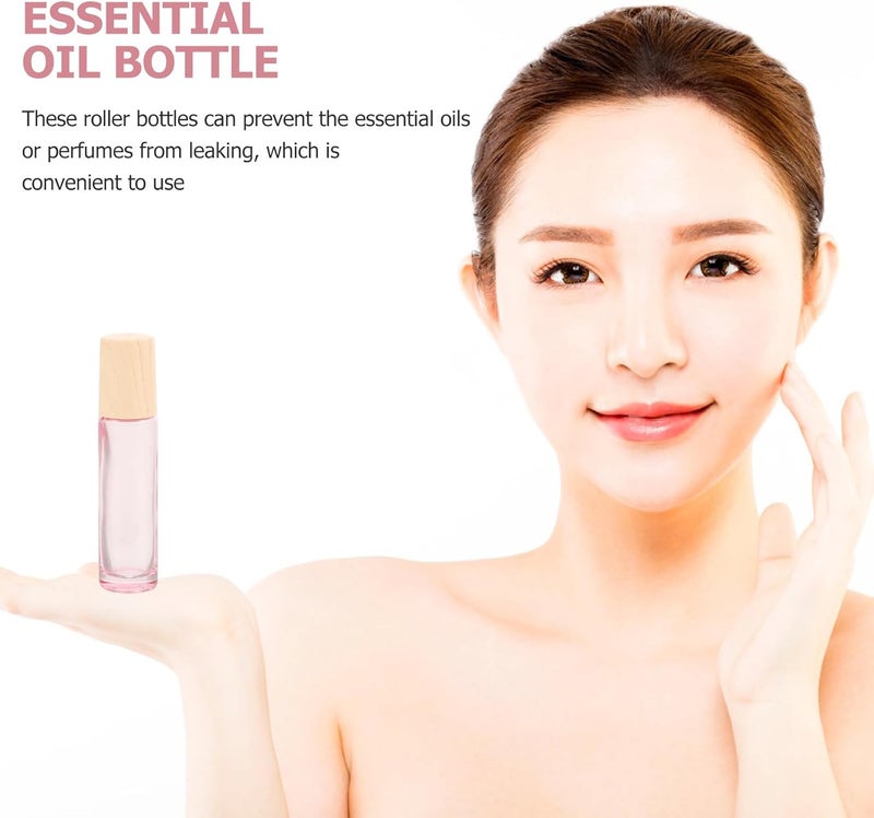 8pcs 10ml Pink Glass Essential Oil Roll on Bottles with Wood Grain Caps, Refillable Perfume and Aromatherapy Roller Bottles for Travel and Personal Care - Image 2
