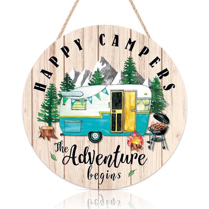 TOARTi Happy Campers Wood Hanging Sign Plaque Summer Outdoor Adventure Quote Wooden Door Hanger Round Tent Camping Wall Art for Campers Travel Home Garden Decor 12x12
