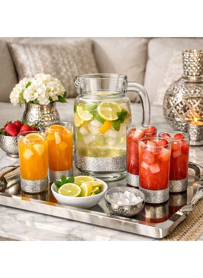 جرين أبل 🥤 طقم عصير زجاج 7 قطع فاخر 1 أبريق مع 6 أكواب – تصميم أنيق بقاعدة فضية عصرية | إبريق 21 سم وكاسات 15 سم ✨🍹 - Image 1