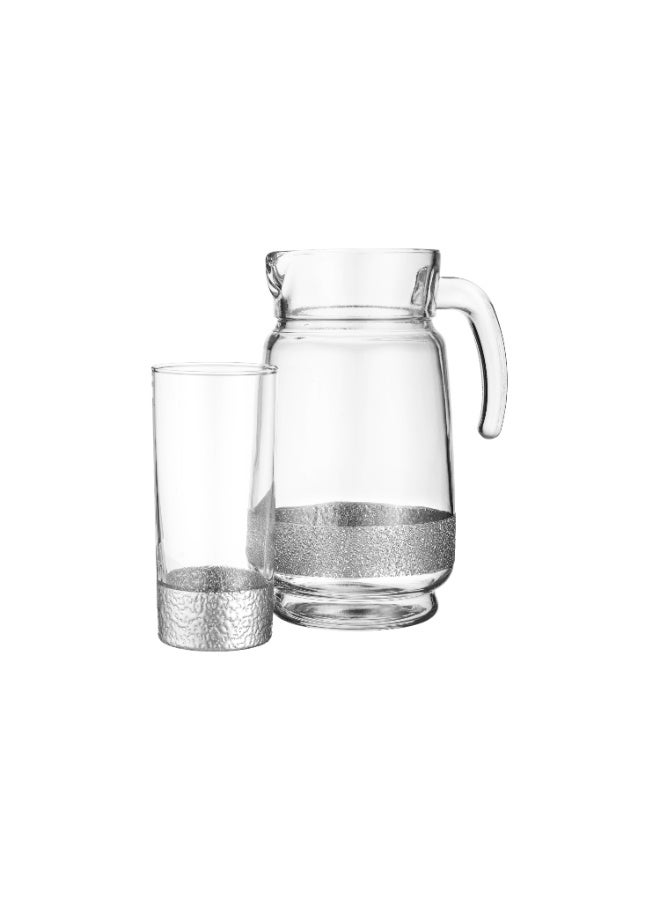 جرين أبل 🥤 طقم عصير زجاج 7 قطع فاخر 1 أبريق مع 6 أكواب – تصميم أنيق بقاعدة فضية عصرية | إبريق 21 سم وكاسات 15 سم ✨🍹 - Image 5