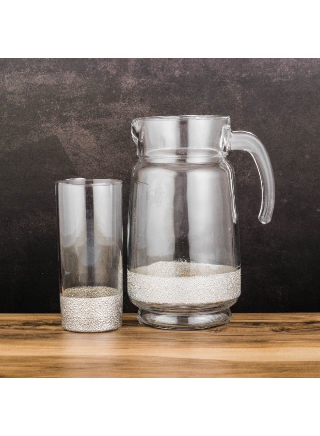 جرين أبل 🥤 طقم عصير زجاج 7 قطع فاخر 1 أبريق مع 6 أكواب – تصميم أنيق بقاعدة فضية عصرية | إبريق 21 سم وكاسات 15 سم ✨🍹 - Image 2