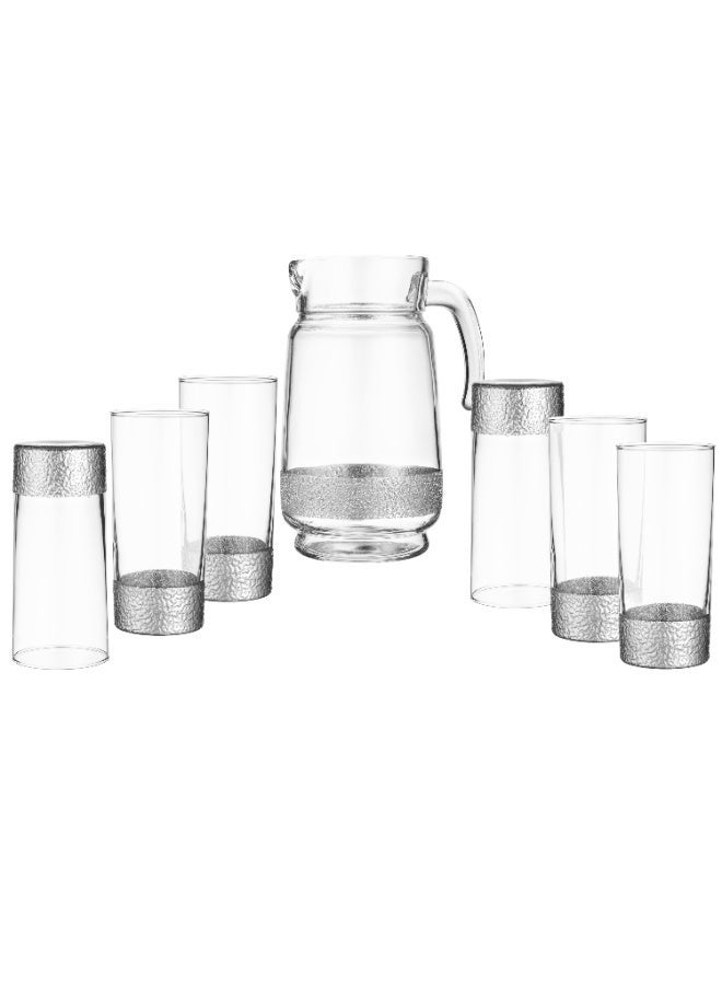 جرين أبل 🥤 طقم عصير زجاج 7 قطع فاخر 1 أبريق مع 6 أكواب – تصميم أنيق بقاعدة فضية عصرية | إبريق 21 سم وكاسات 15 سم ✨🍹 - Image 5