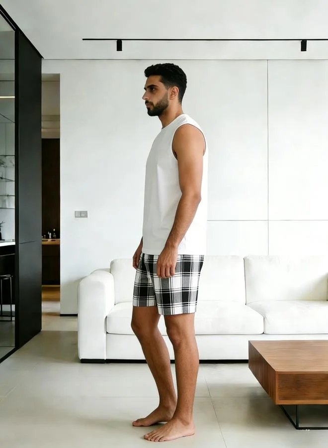 Take Two White Men Printed Round Neck Tank and Checked Shorts Set for Men | Best Price UAE