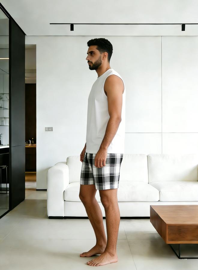 تايك تو مجموعة من شورت كاروهات وبلوزة بلا أكمام مطبوعة للرجال - Image 3