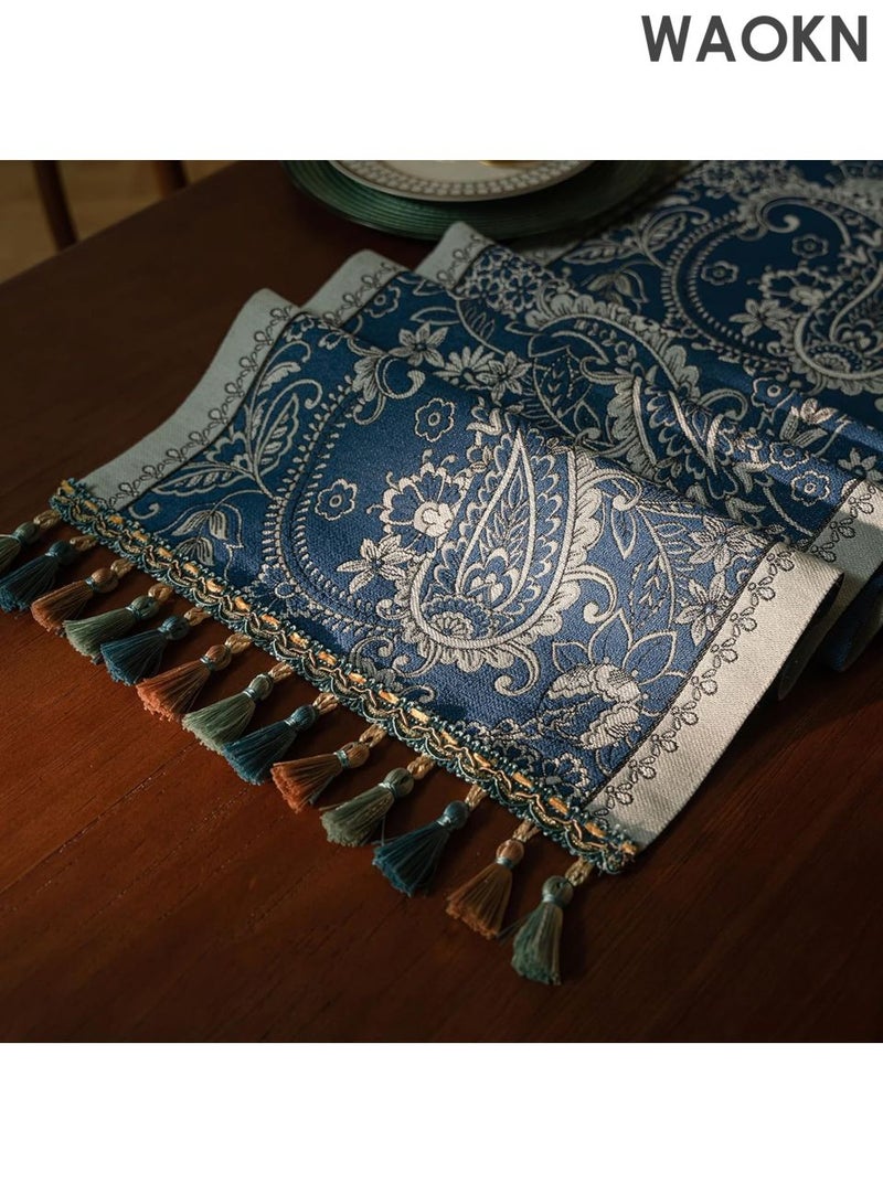 دبليو أيه أو كي أن مفرش طاولة عربي عتيق فاخر - تصميم زهور بيزلي بطول 48 بوصة، مناسب لديكور الطعام/الزفاف/رمضان/العيد | قماش قطني فاخر بحواف مزينة بالشراشيب | أزرق مزهر 13×48 بوصة | أناقة منزلية شرق أوسطية - Image 4