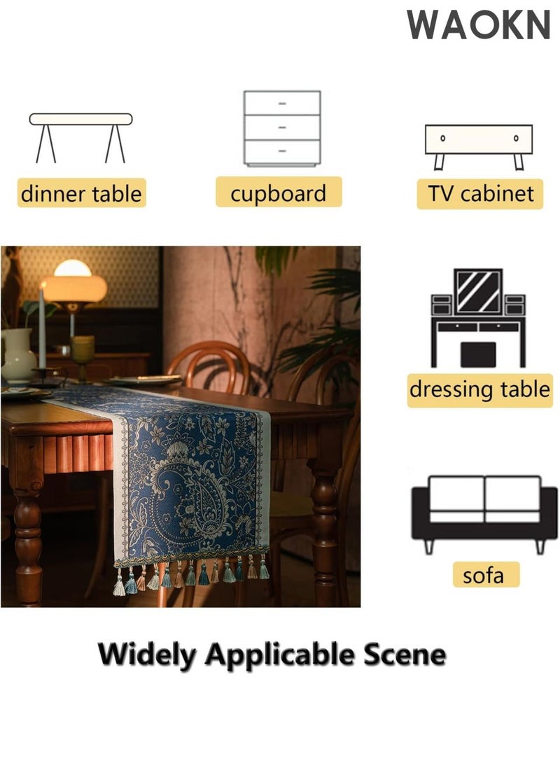 دبليو أيه أو كي أن مفرش طاولة عربي عتيق فاخر - تصميم زهور بيزلي بطول 48 بوصة، مناسب لديكور الطعام/الزفاف/رمضان/العيد | قماش قطني فاخر بحواف مزينة بالشراشيب | أزرق مزهر 13×48 بوصة | أناقة منزلية شرق أوسطية - Image 2