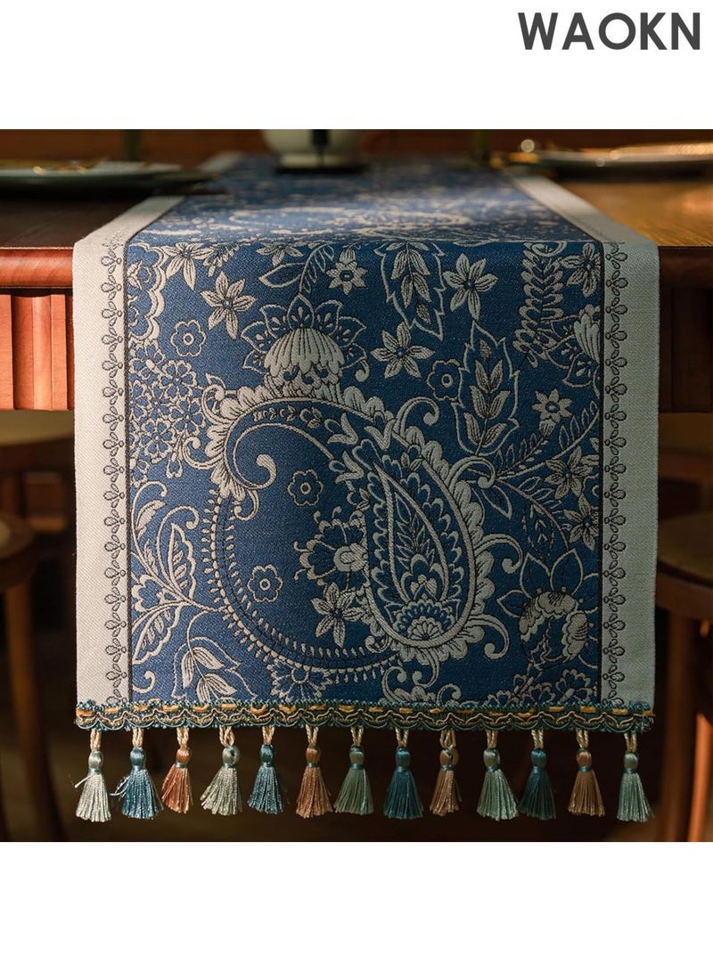 دبليو أيه أو كي أن مفرش طاولة عربي عتيق فاخر - تصميم زهور بيزلي بطول 48 بوصة، مناسب لديكور الطعام/الزفاف/رمضان/العيد | قماش قطني فاخر بحواف مزينة بالشراشيب | أزرق مزهر 13×48 بوصة | أناقة منزلية شرق أوسطية - Image 1