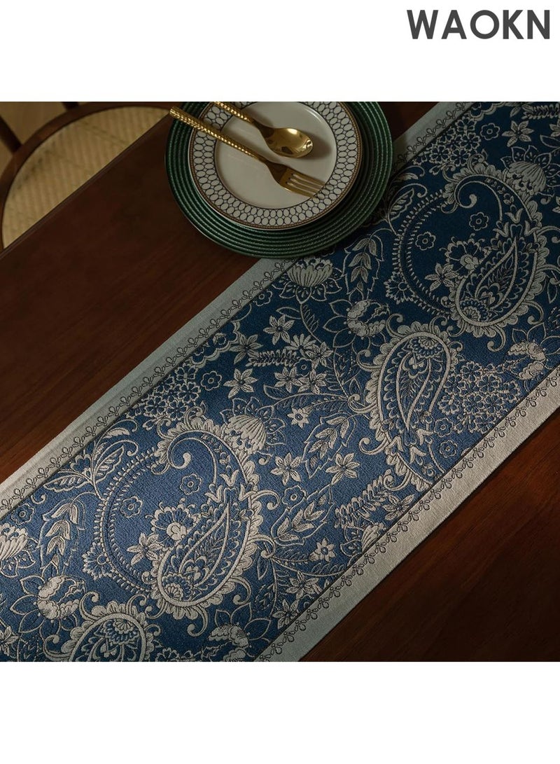 دبليو أيه أو كي أن مفرش طاولة عربي عتيق فاخر - تصميم زهور بيزلي بطول 48 بوصة، مناسب لديكور الطعام/الزفاف/رمضان/العيد | قماش قطني فاخر بحواف مزينة بالشراشيب | أزرق مزهر 13×48 بوصة | أناقة منزلية شرق أوسطية - Image 3