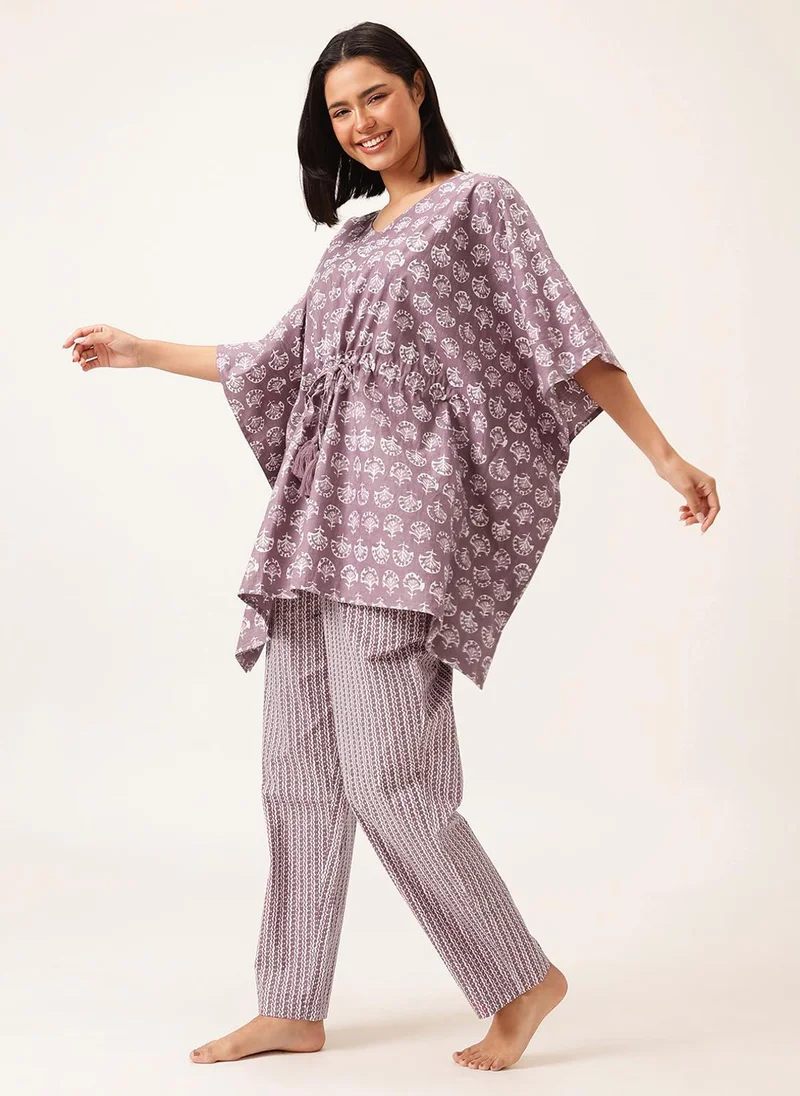 كلوفيا Clovia Print Me Pretty Kaftan Top & Pyjama Set in Light Purple - 100% cotton