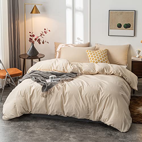 Janlive Washed Cotton Duvet Cover Full Ultra Soft 100% Cotton Solid Color Beige Duvet Cover Set with Zipper Closure -3 Pieces Beige Full - Image 2