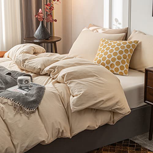 Janlive Washed Cotton Duvet Cover Full Ultra Soft 100% Cotton Solid Color Beige Duvet Cover Set with Zipper Closure -3 Pieces Beige Full - Image 3