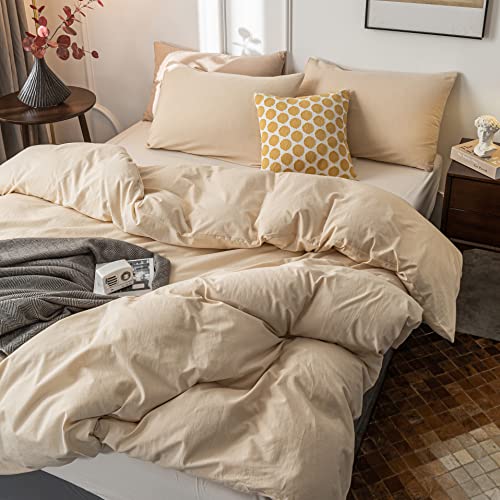 Janlive Washed Cotton Duvet Cover Full Ultra Soft 100% Cotton Solid Color Beige Duvet Cover Set with Zipper Closure -3 Pieces Beige Full - Image 4