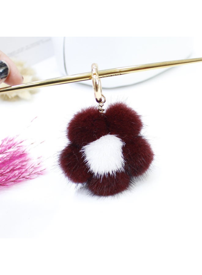 Korean Style Arrival Mink Fur Small Flower Pendant Sunflower Fur Bag Car Keys Fashion Pendant For Women-Color:Wine Red And White Heart  - Image 1