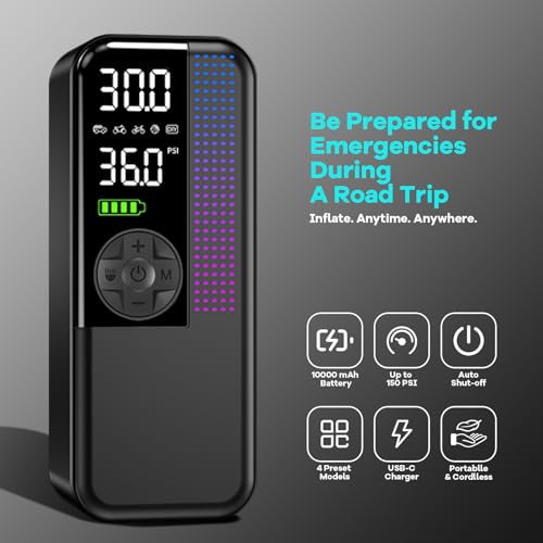 WEOLULI Tire Inflator Portable Air Compressor,150 PSI Cordless Air Pump, 12V DC Car Plug,Dual Power 10000mAh, Fast Inflation 24L/Min, 4 Preset Modes for Car, Bike, Motorcycle, Balls (Black, 10000mAh) - Image 2