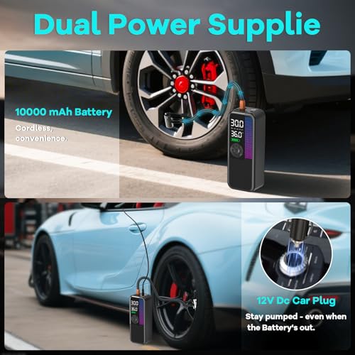 WEOLULI Tire Inflator Portable Air Compressor,150 PSI Cordless Air Pump, 12V DC Car Plug,Dual Power 10000mAh, Fast Inflation 24L/Min, 4 Preset Modes for Car, Bike, Motorcycle, Balls (Black, 10000mAh) - Image 4