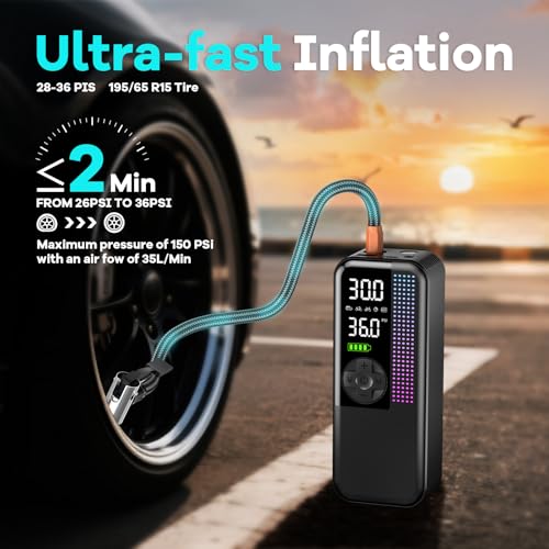 WEOLULI Tire Inflator Portable Air Compressor,150 PSI Cordless Air Pump, 12V DC Car Plug,Dual Power 10000mAh, Fast Inflation 24L/Min, 4 Preset Modes for Car, Bike, Motorcycle, Balls (Black, 10000mAh) - Image 3