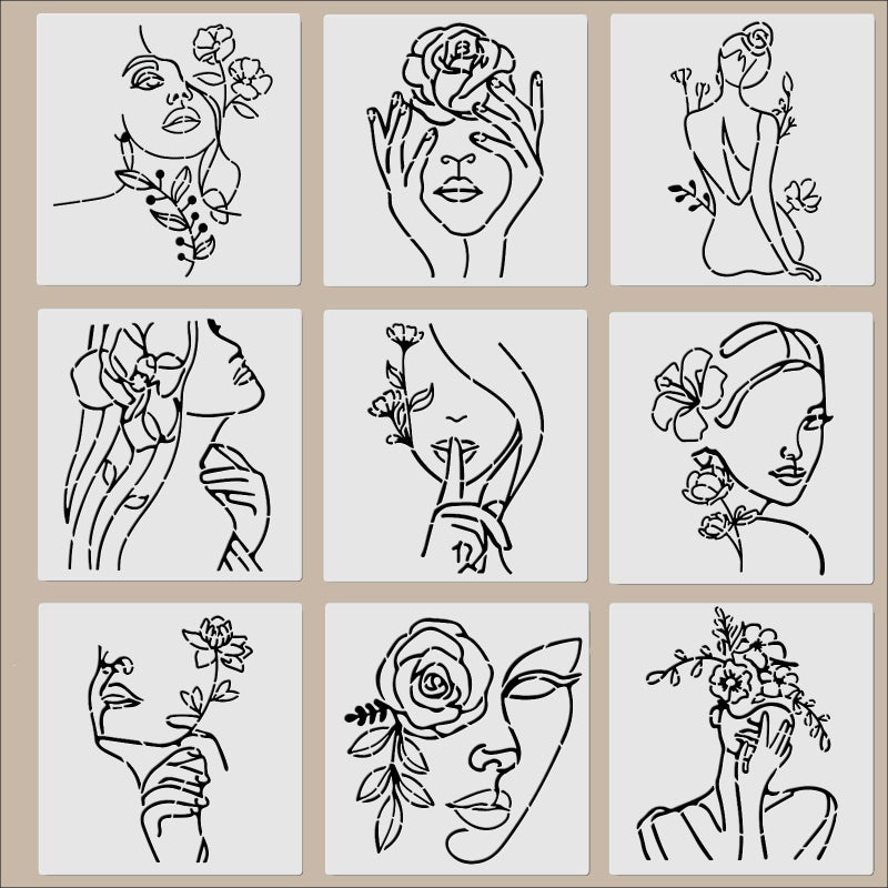 ORIGACH 9PCS 11.8x11.8inch Modern Minimalist Abstract Women Stencil, Floral Female Face Pattern PET Large Stencils Reusable Template for Painting on Wood Wall Canvas - Image 1