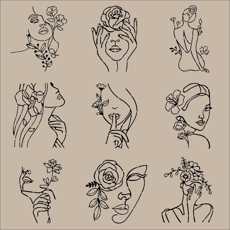 ORIGACH 9PCS 11.8x11.8inch Modern Minimalist Abstract Women Stencil, Floral Female Face Pattern PET Large Stencils Reusable Template for Painting on Wood Wall Canvas - Image 3