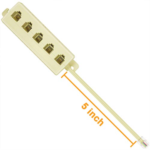 NECABLES 1+1Pack Phone Jack Splitter 5 Way RJ11 6P4C 1 Male to 5 Females with 5in Pigtail and Telephone Line Coupler for Landline and Fax Ivory - Image 2