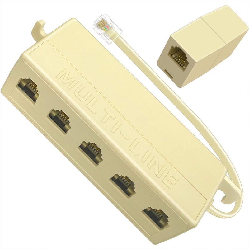 NECABLES 1+1Pack Phone Jack Splitter 5 Way RJ11 6P4C 1 Male to 5 Females with 5in Pigtail and Telephone Line Coupler for Landline and Fax Ivory - Image 5