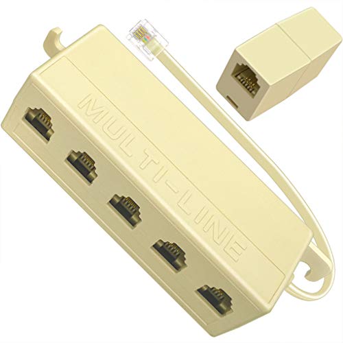 NECABLES 1+1Pack Phone Jack Splitter 5 Way RJ11 6P4C 1 Male to 5 Females with 5in Pigtail and Telephone Line Coupler for Landline and Fax Ivory - Image 1
