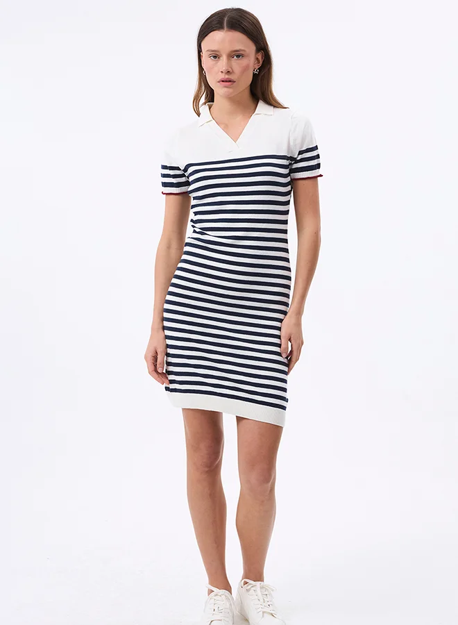 FELIX HARDY V neck Collared and Striped Elegant Knit Midi Summer Dress