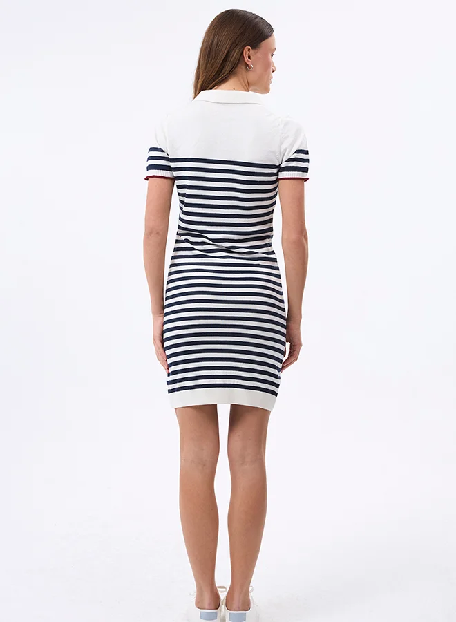 FELIX HARDY V neck Collared and Striped Elegant Knit Midi Summer Dress