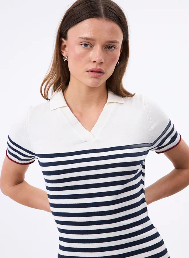 FELIX HARDY V neck Collared and Striped Elegant Knit Midi Summer Dress