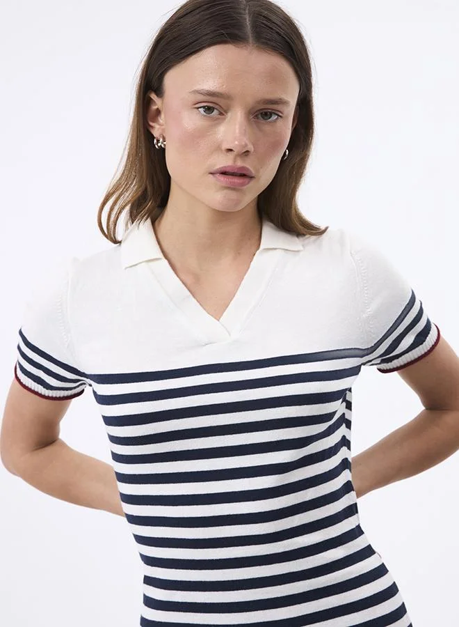 FELIX HARDY  V neck Collared and Striped Elegant Knit Midi Summer Dress for Women | Best Price UAE
