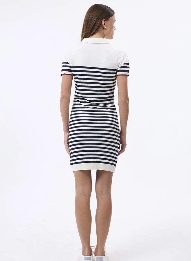 FELIX HARDY  V neck Collared and Striped Elegant Knit Midi Summer Dress for Women | Best Price UAE