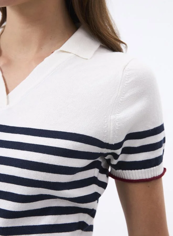 FELIX HARDY  V neck Collared and Striped Elegant Knit Midi Summer Dress for Women | Best Price UAE