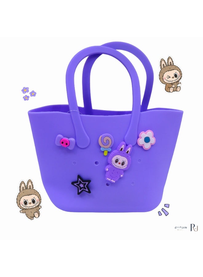 Purple Silicone Tote Bag with Purple Labubu Character & Cute Charms